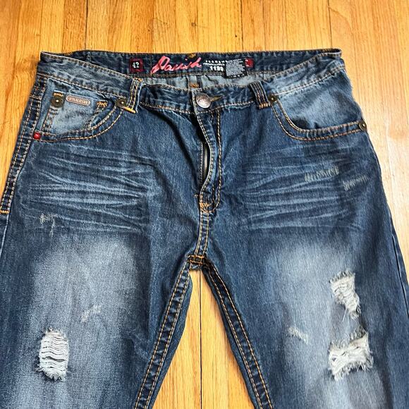 Parish Jeans Mens 42 Flap Pocket Baggy Thick Stitch Skate Blue Distressed - Picture 4 of 10